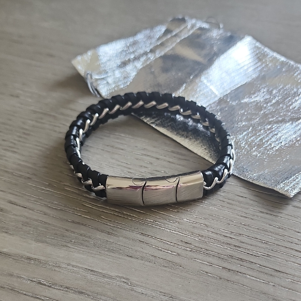 Black and Silver Braided Leather Jewelry Bracelet